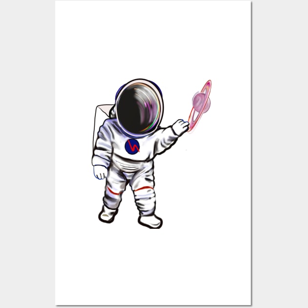 Astronaut 2 in Space suit reaching  out to touch Saturn’s ring - cute Cavoodle, Cavapoo, Cavalier King Charles Spaniel Wall Art by Artonmytee